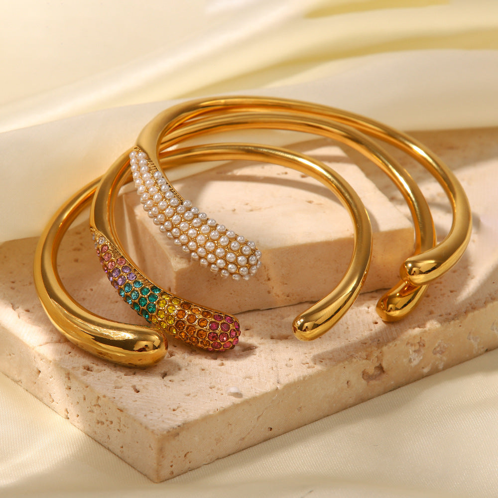 5pcs Fashion Design 18K Stainless Steel Smooth Open Bracelet Hand Plated Women's Hand Jewelry