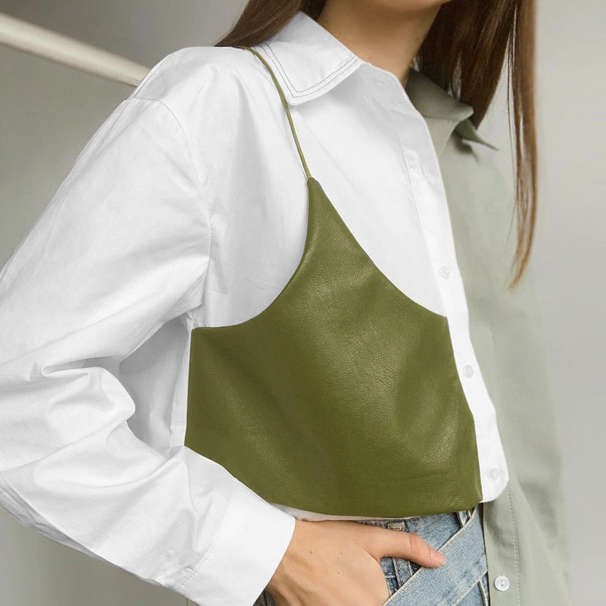 Spring Contrast Color Commuter Shirt Women's Design Sense Splicing Pu Leather Fake Two Long Sleeve Loose Shirt