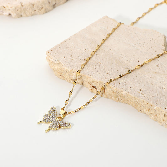 5pcs Simple New Full Zirconium Butterfly Pendant Necklace 18K Electric Gold Plated Stainless Steel Collar Necklace Jewelry Women