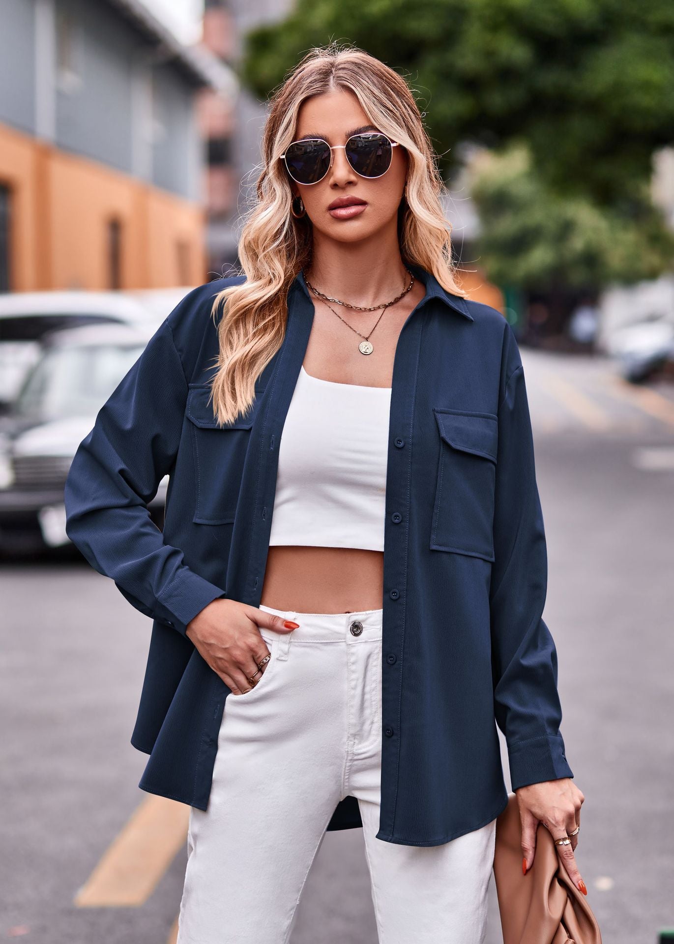 Autumn And Winter New Temperament Commuter Double-Pocket Solid Color Single-Breasted Long-Sleeved Shirt