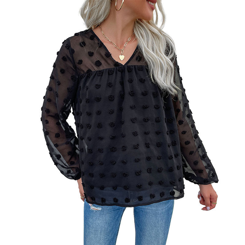 Long Sleeve V-Neck Black Chiffon Shirt Hairball Jacquard Jumper New