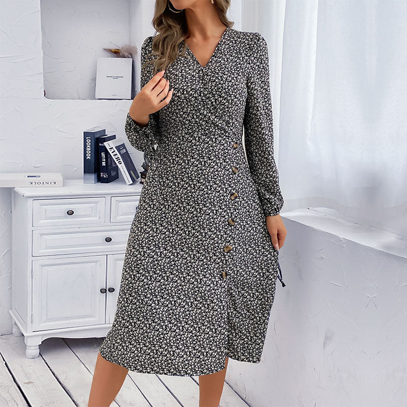 Fashion Women's Spring V-Neck Print Long-Sleeved Slit Dress