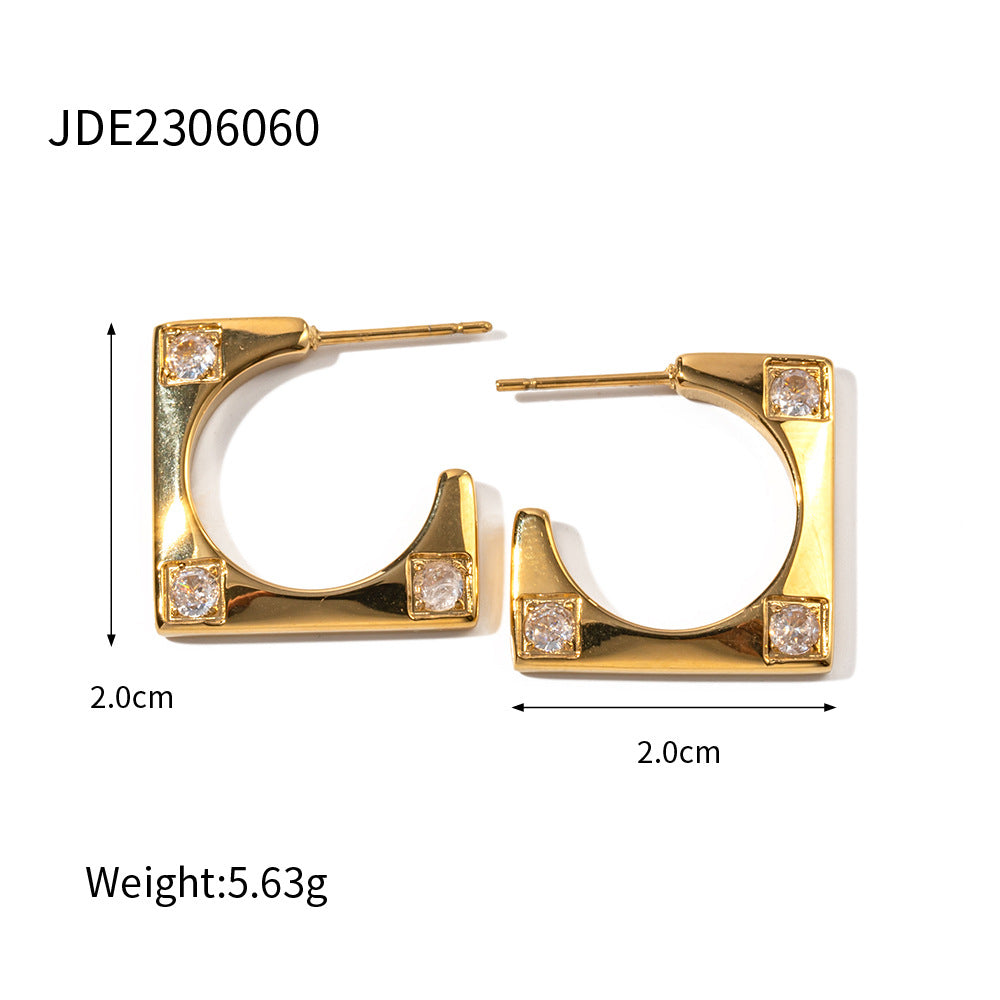 5pcs Stylish 18K Gold-Plated Stainless Steel Square Zircon Inlaid Earrings Light Luxury Niche Design Earrings