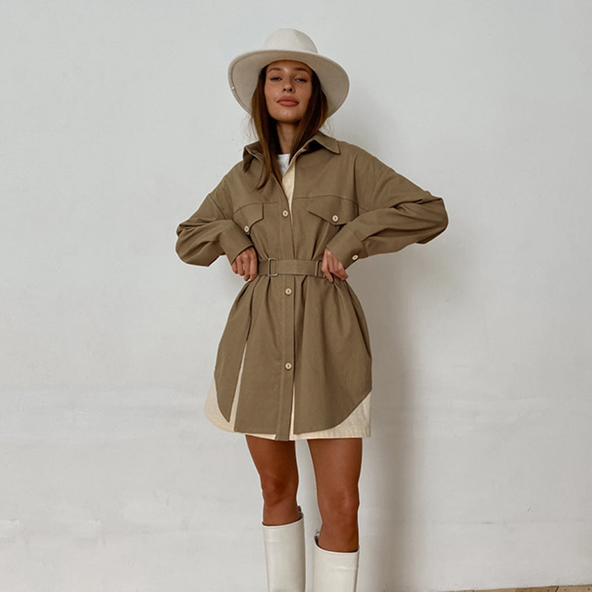 Fashion Long Sleeve Shirt Patchwork Color Contrast Niche Women's Retro Design Sense Shirt Dress Women's Wear