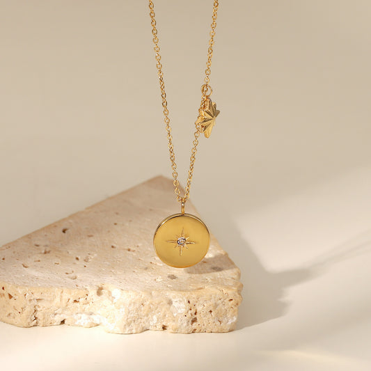 5pcs Fashion Necklace 18K Gold Plated Stainless Steel Round Brand Octet Star Set Zirconium Pendant Necklace Women