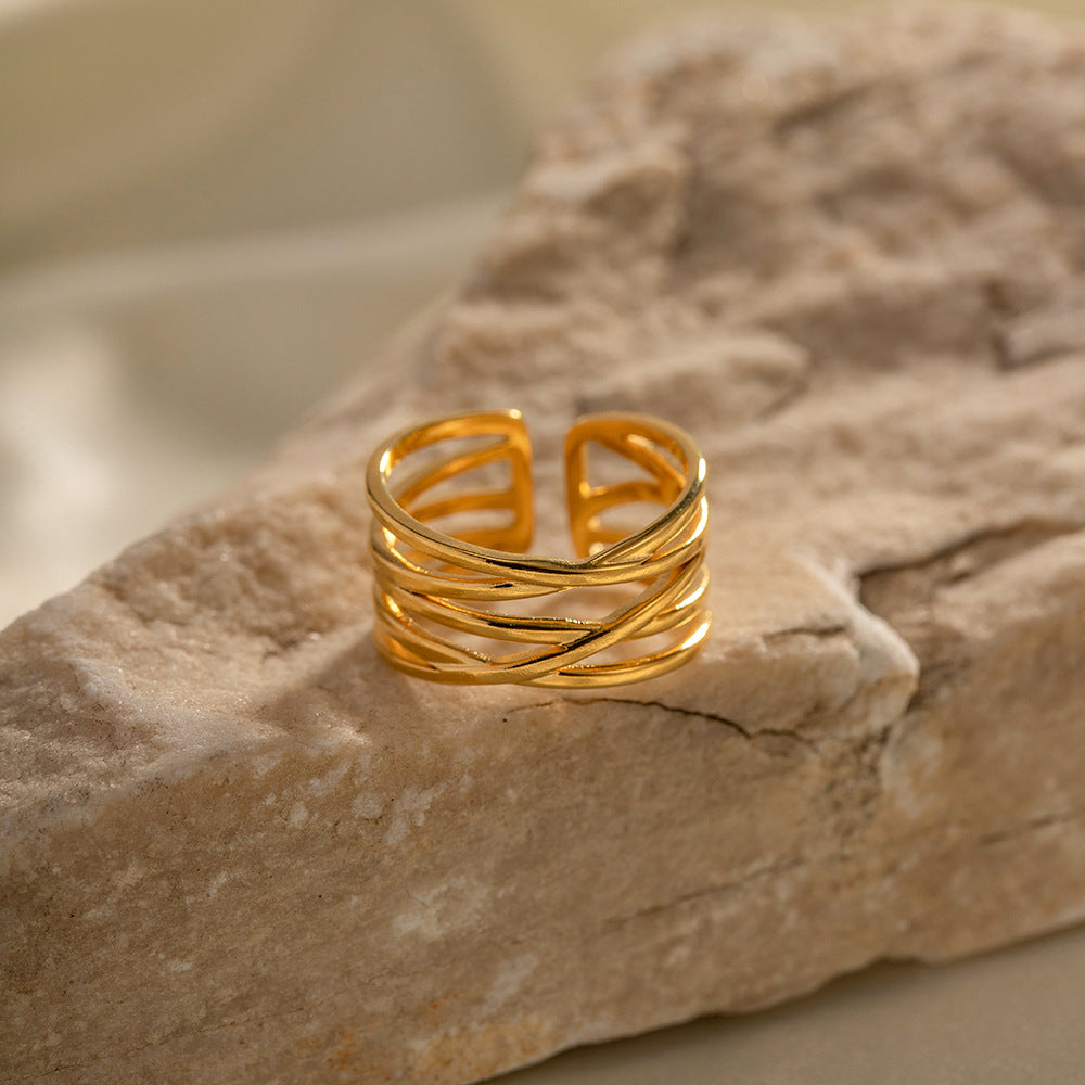 5pcs Style Simple 18K Gold-Plated Stainless Steel Open Ring Does Not Fade Niche Design All-Match Ring