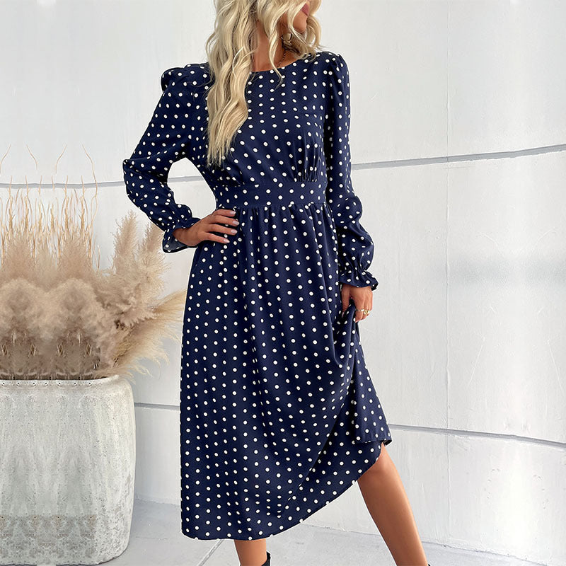 Fashion Women's Autumn And Winter New Long-Sleeved Blue Dot Mid-Length Dress