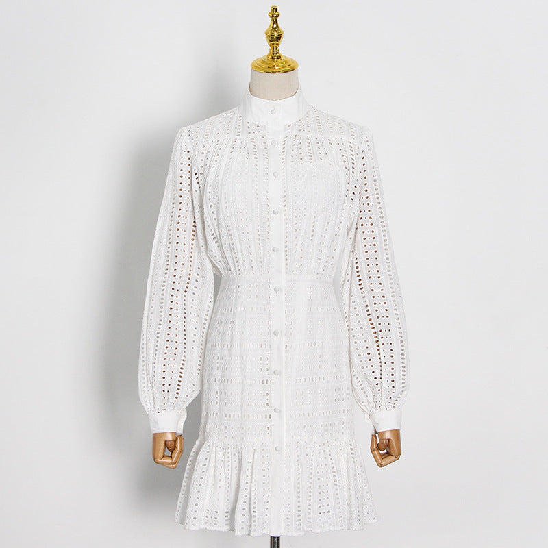 Elegant Temperament A-Line Skirt High Neck Long Sleeve Patchwork Embroidery Hollow-Out Single Breasted Dress Woman