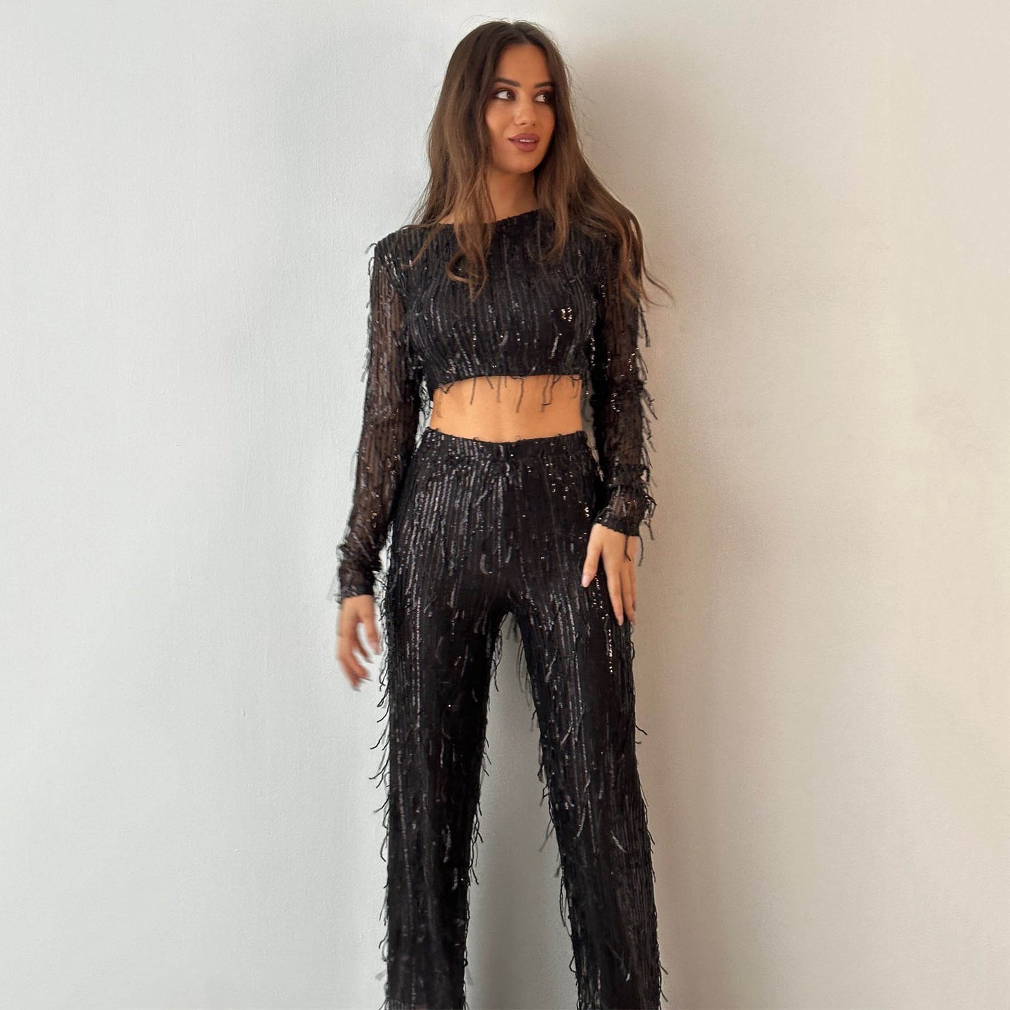 Beaded Crewneck Single Breasted Vest Pant Suit New Spring T-Shirt Casual Sequin Fringe Two-Piece Set