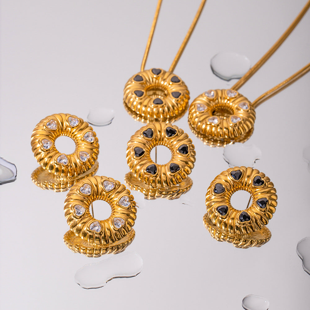 5pcs 18K Gold Stainless Steel Inlaid Black Zircon Bread O-Shaped Pendant Necklace Women's Collarbone Choker
