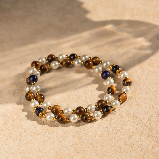 5pcs Titanium Steel Necklace 18K Gold Stainless Steel Inlaid Pearl Lapis Gold Stone Tiger Eye Stone Bead Necklace Jewelry