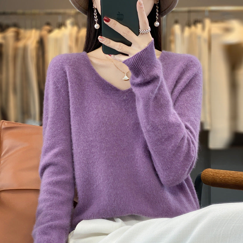 100 Pure Wool Knitwear Women's V-Neck Pullover Loose Base Shirt Autumn And Winter New Solid Color Sweater