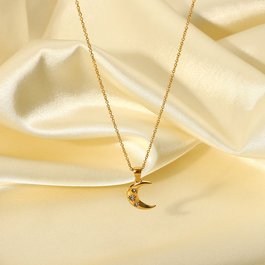5pcs Fashion With 18K Gold-Plated Stainless Steel Inlaid With Three Zircon Moon Pendant Necklace Women