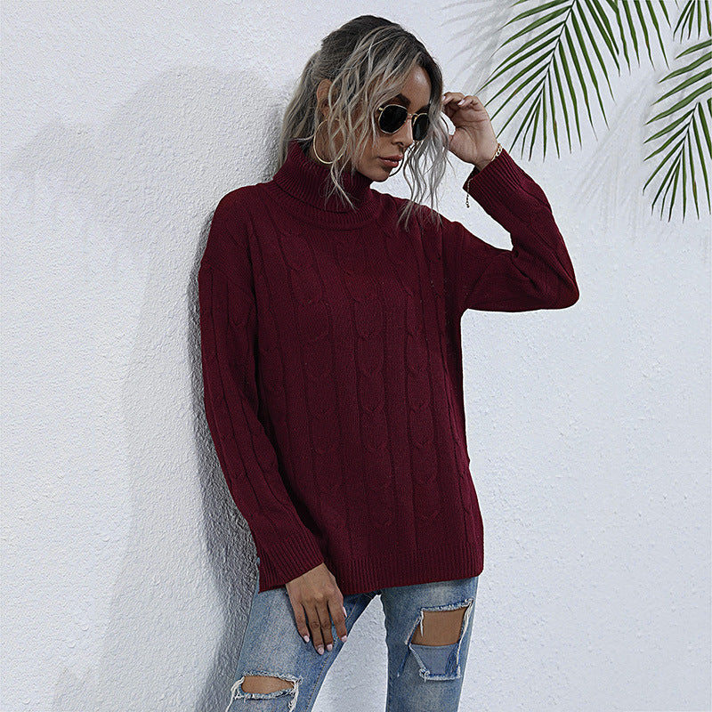 Radiant Red Elegance: Women's Turtleneck Mid-Length Sweater for Autumn