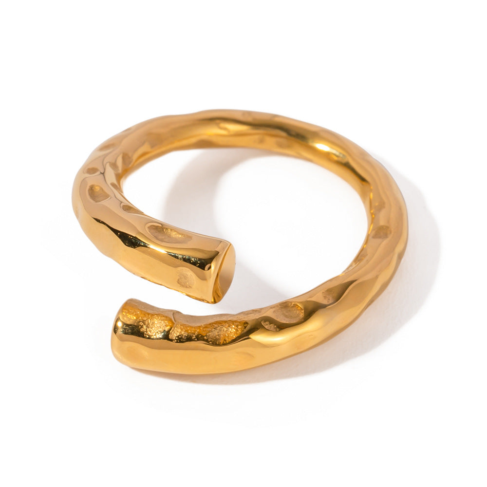 5pcs New 18K Pvd Gold-Plated Hammer Zircon Ring Party Geometric Stainless Steel Hammer Open Ring Accessories