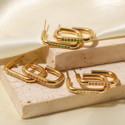 5pcs 18K Gold-Plated Stainless Steel Ring Earrings White // Light Green Inlaid Zircon Titanium Steel Earrings Female