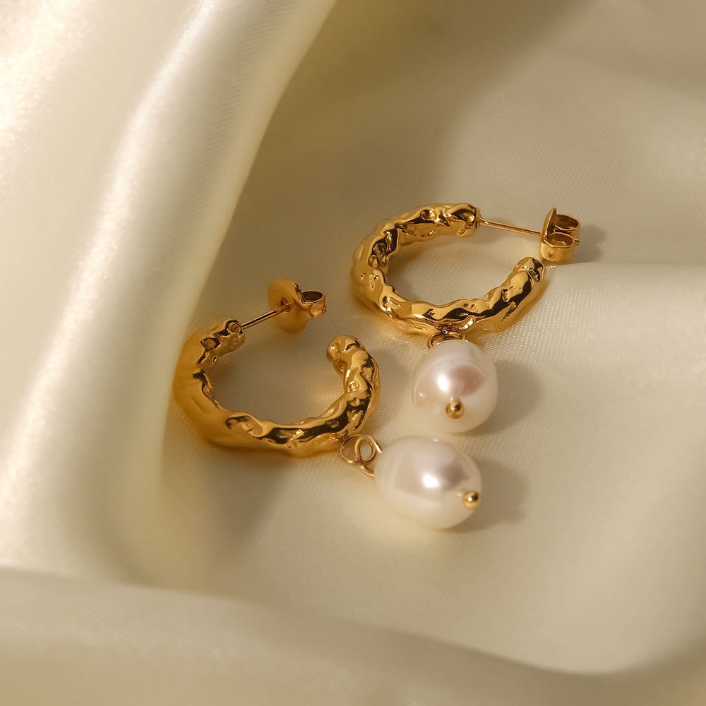 5pcs New Titanium Steel Earrings Stainless Steel 18K Gold Plated Natural White Light Pearl Earrings Women's Jewelry