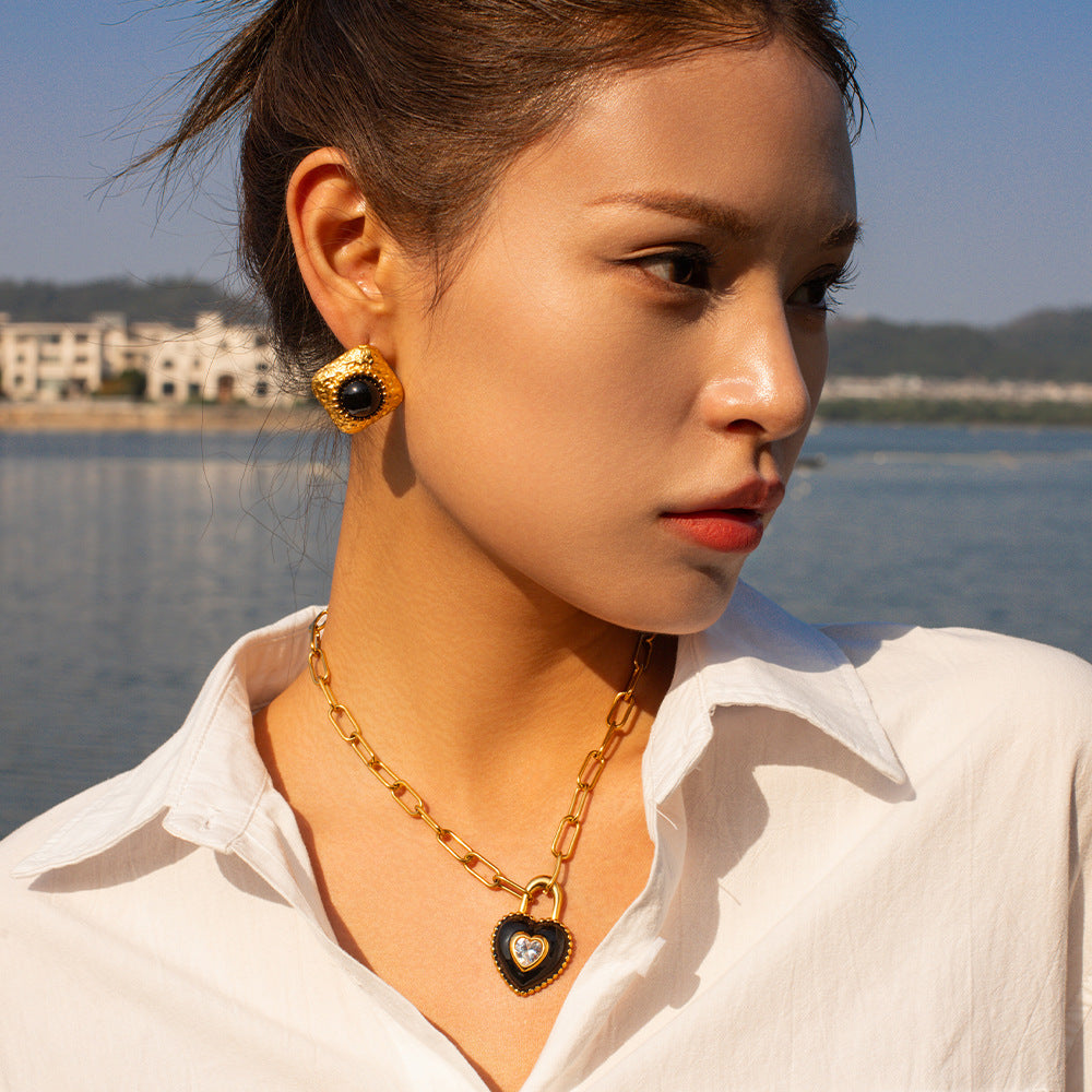 5pcs 18K Gold Stainless Steel Set Black Hammer Square Earrings Style Geometric Earrings Do Not Fade Jewelry