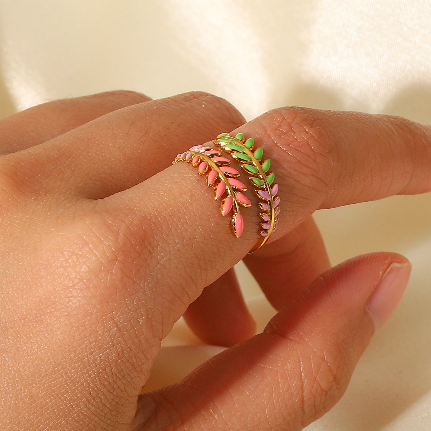 5pcs New Ring Creative Leaf Branch Ring 18K Gold Plated Stainless Steel Women Color Dripping Open Ring