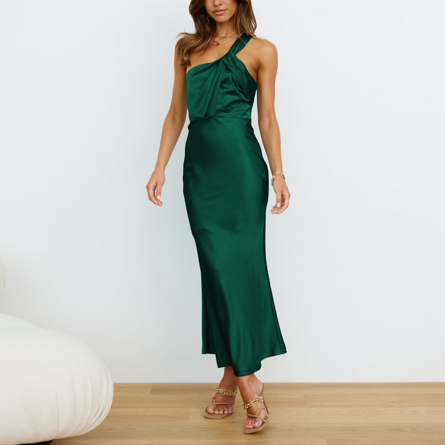 New Acetic Women's Elegant One-Shoulder Satin Toasting Dress Bridesmaid Dress Slim Dress
