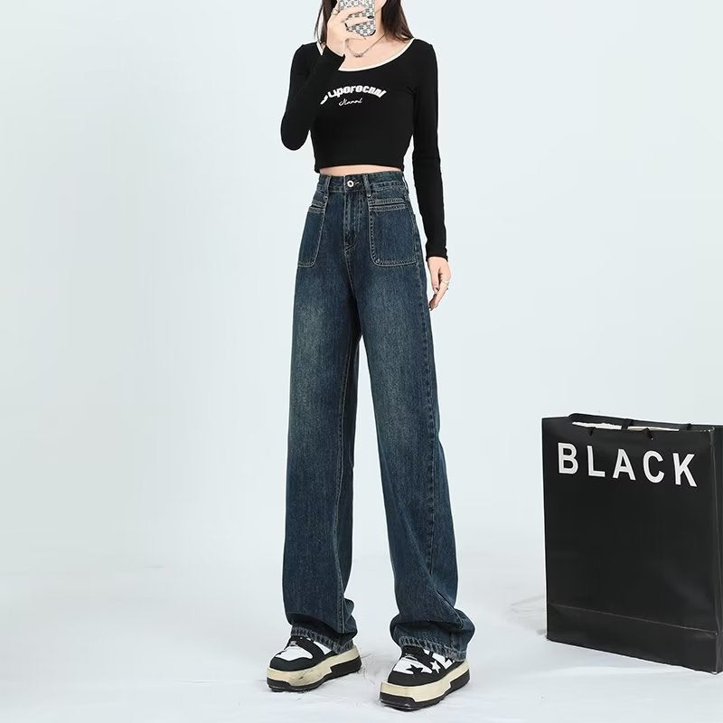 New Vintage Jeans For Women Spring And Autumn With High Waist Show Slim Narrow Version Straight Leg Pants Loose Wide Leg Pants