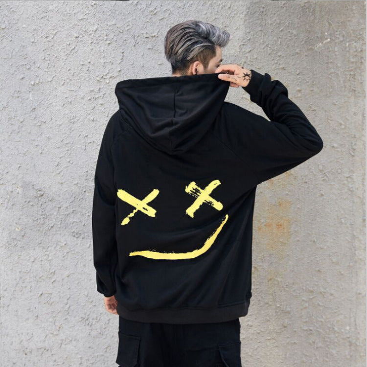 Men's Casual Fashion Color Matching Smiley Hoodie Long Sleeve Sports Hooded Top Men's Wear