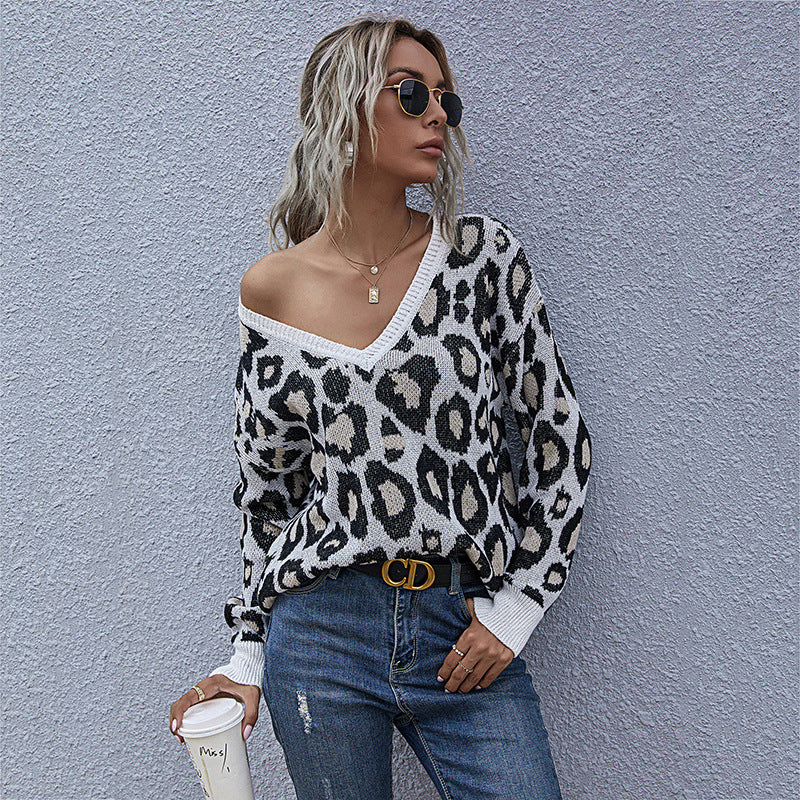 Autumn Wind Long Sleeve V-Neck Leopard Print With Bottom Knit Sweater Woman