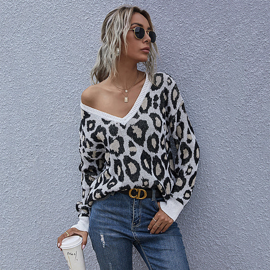 Autumn Wind Long Sleeve V-Neck Leopard Print With Bottom Knit Sweater Woman