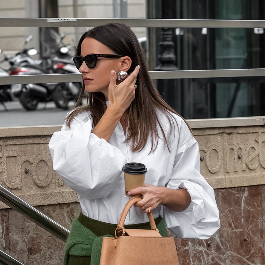 Spring Fashion Temperament Sense Small Stand Collar Lantern Sleeve Cardigan Shirt White Cotton Simple Shirt Woman