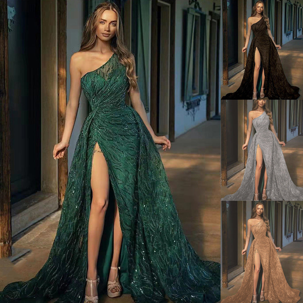 Spring And Summer New Women's Oblique Shoulder Slit Long Dress Toasting Dress Sequin Halter Evening Dress