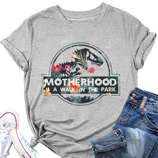 Motherhood Is A Walk In The Park. Plus-Size Round Neck Letter Short-Sleeved Shirt
