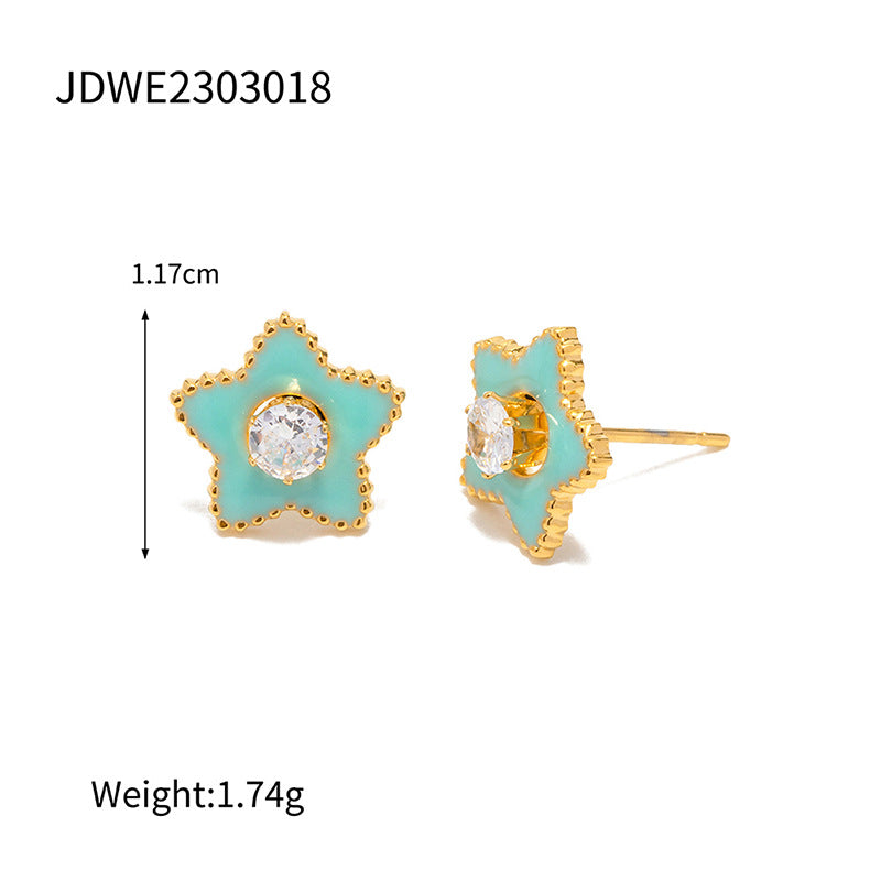 5pcs Personality Earrings New Fashion Titanium Steel 18K Gold Green Five-Pointed Star White Zircon Earrings For Women Jewelry