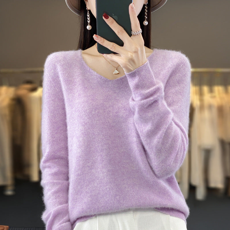 100 Pure Wool Knitwear Women's V-Neck Pullover Loose Base Shirt Autumn And Winter New Solid Color Sweater