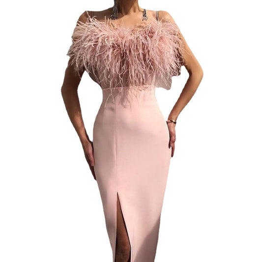 New Spring And Summer Women's Halter Feather Dress Banquet Slimming Temperament Package Arm Dress