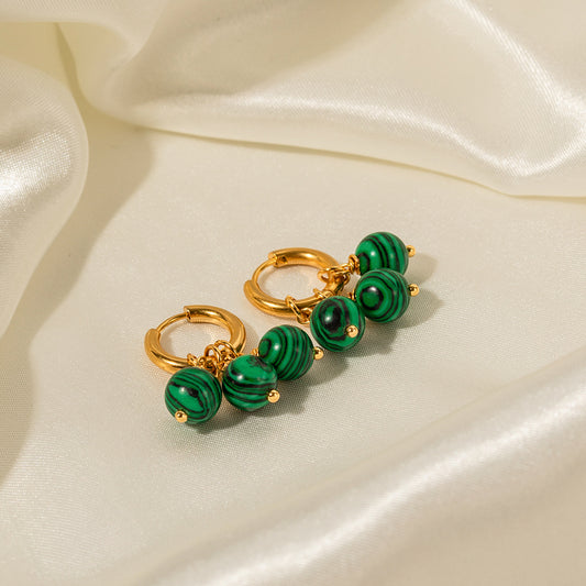 5pcs 18K Gold Stainless Steel Earrings Three Green Peacock Stone Fringe Pendant Earrings Fashion Style Earrings Accessories Women's Style