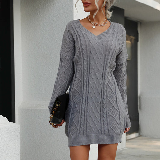 Casual Solid Color Long Sleeve V-Neck Gray Sweater Dress