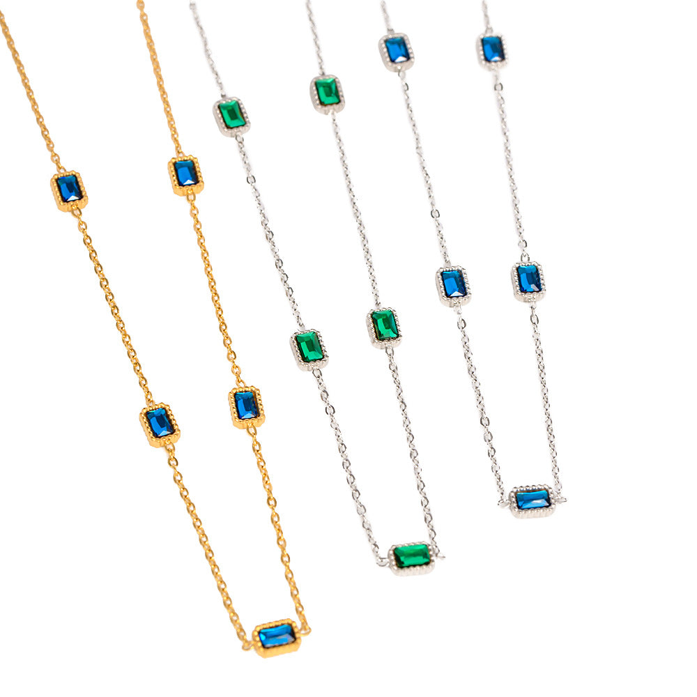 5pcs 14K Gold Stainless Steel Multiple Square Green Zircon Pendant Necklace Fashion Women All Wear Collars