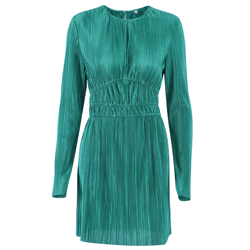 Autumn New Women's Long-Sleeved Dress Pleated A-Line Skirt Hollow Little Black Dress Woman