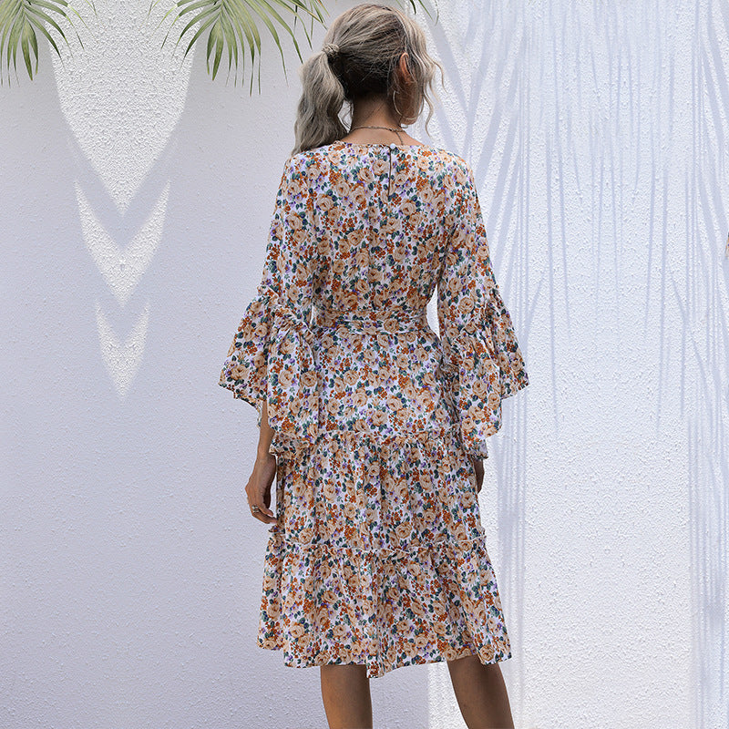 Hot Sales Crew-Neck Printed Lace-Up Long-Sleeved Floral Dress Autumn And Winter