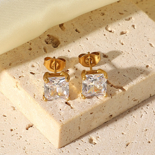 5pcs Simple Exquisite Earrings 18K Stainless Steel White/Color/Green Square Zircon Earrings For Women