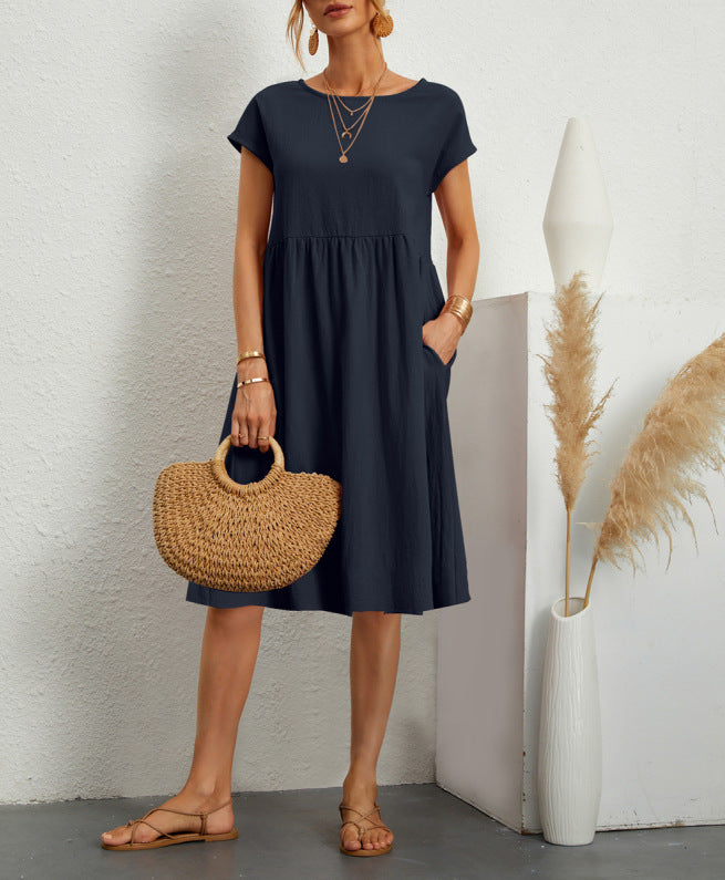 Fashion Ol Quality Women's Solid Color Cotton Linen Round Neck Set A-Line Skirt Dress