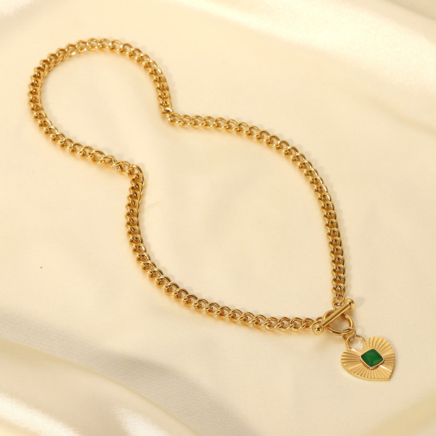 5pcs New Heart Pendant Inlaid With Green Agate Ot Buckle Cuban Chain Necklace Women's Stainless Steel Necklace