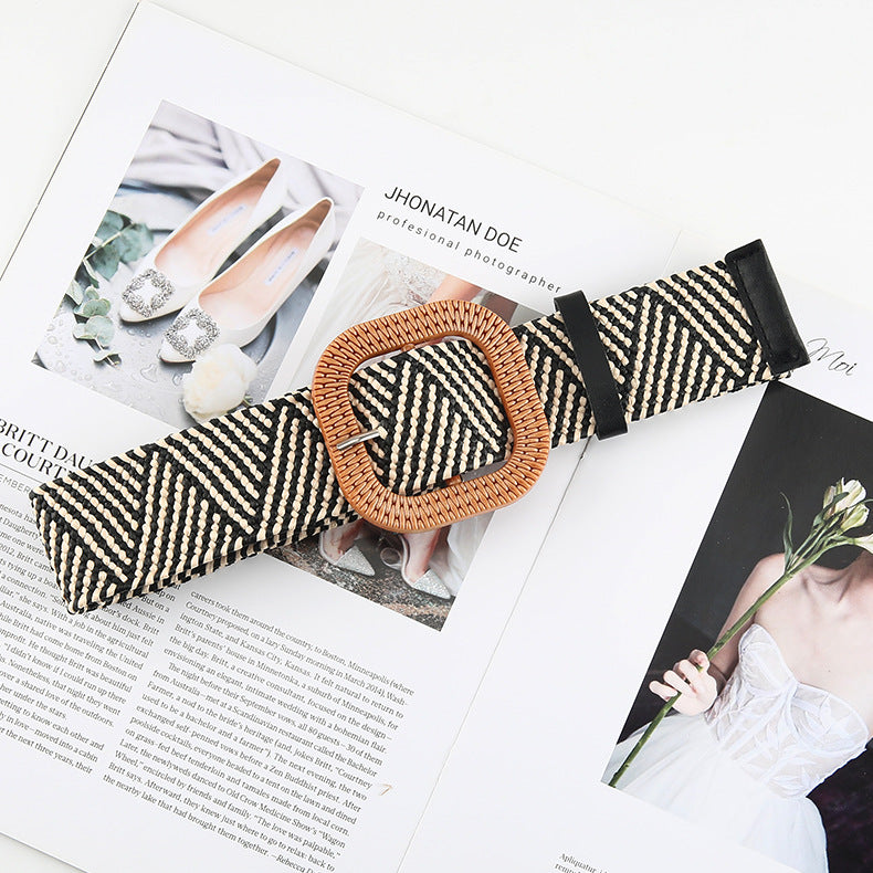 Cotton Hemp Wind Pp Grass Woven Belt For Women Round Square Buckle Dress Gown Decoration Belt