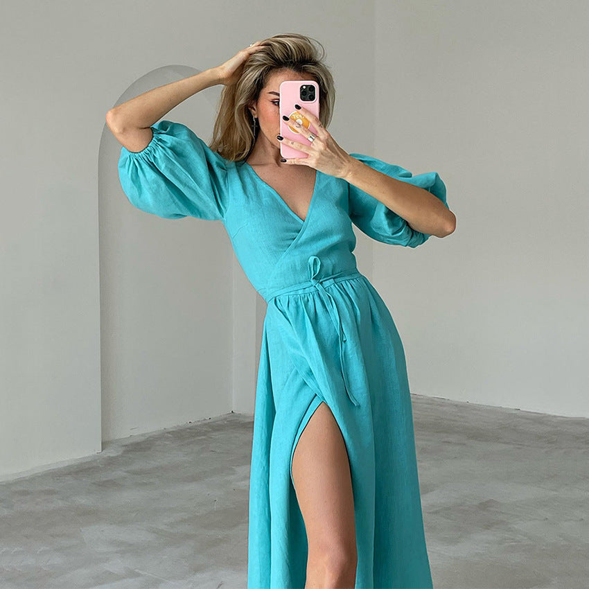 Summer New Cotton Commuter V-Neck Slit High Waist Waist Design Sense A-Line Skirt Dress Women