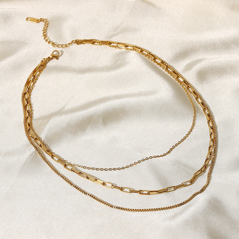 5pcs Vintage Style 18K Gold Plated Paper Clip Box Chain Stainless Steel Chain Titanium Steel Necklace Ring Triple Layer Necklace Jewelry