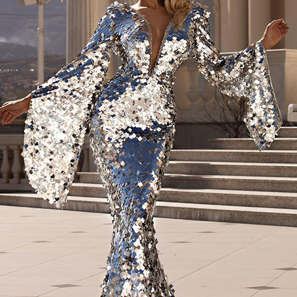 Spring New Women's Sexy Sequin Dress Silver Party Dress Cover Buttock Evening Gown