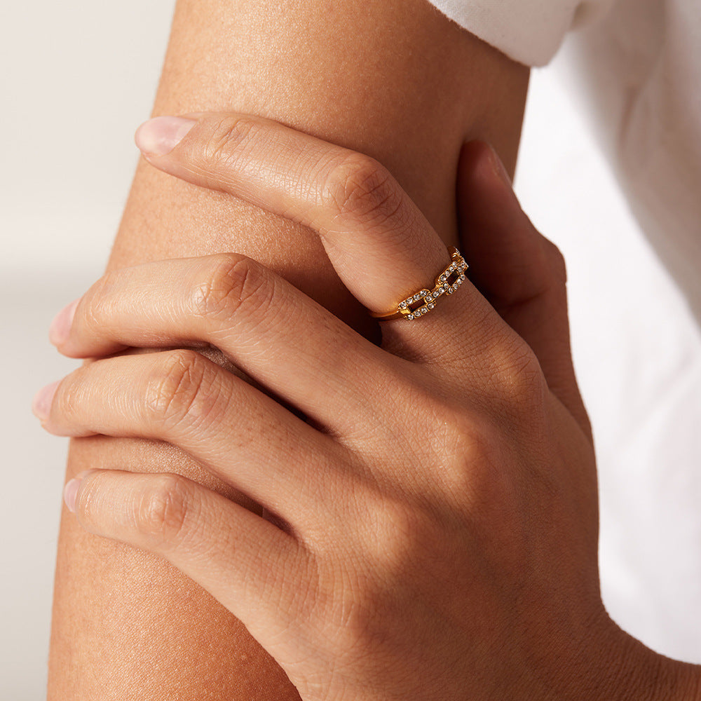 5pcs 18K Gold Plated Stainless Steel Square Chain Ring Small Diamond Delicate Stacked Ring Fashion All-Match Titanium Steel Ring Women