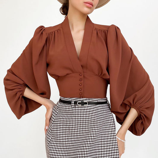 Autumn New V-Neck Women's Shirt Court Style Lantern Sleeve Slim Long-Sleeved Shirt