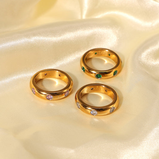 5pcs 18K Gold Stainless Steel Retro Micro-Inset Green // White Zircon Ring Index Finger Joint Finger Ring