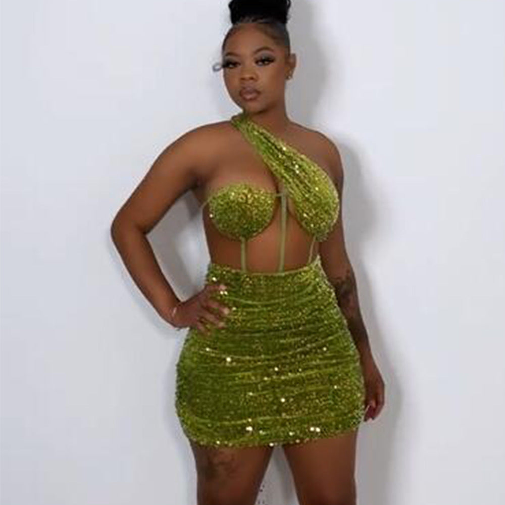 Green Sequin Mesh Perspective Oblique Shoulder Backless Chest Wrap Pleated Hip Skirt Wish Dress Female